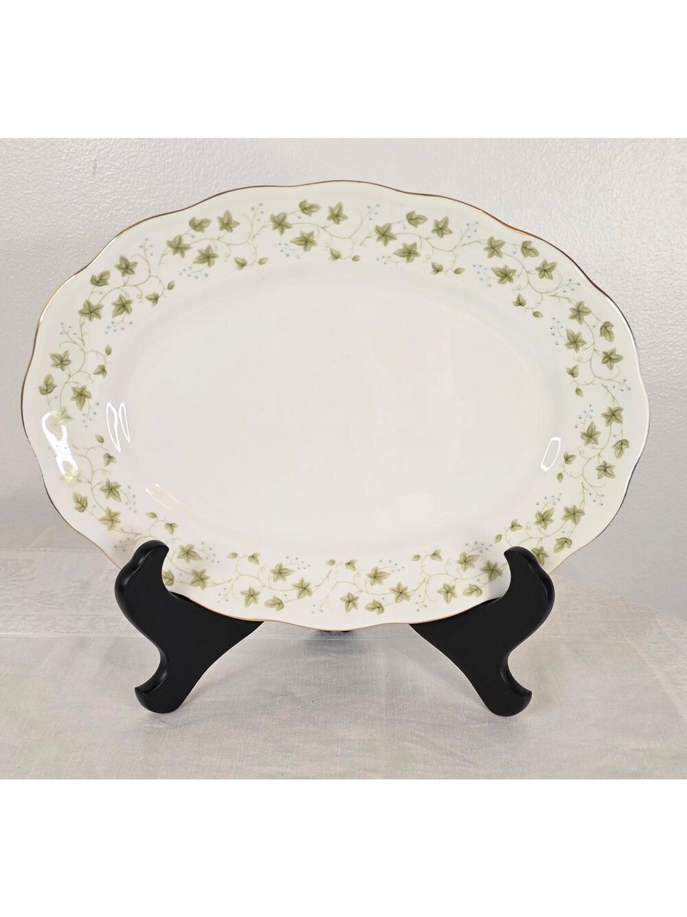 Vtg Diana by Favolina Oval China Platter White w/Green Leaves Blue Dots 13" x 9"